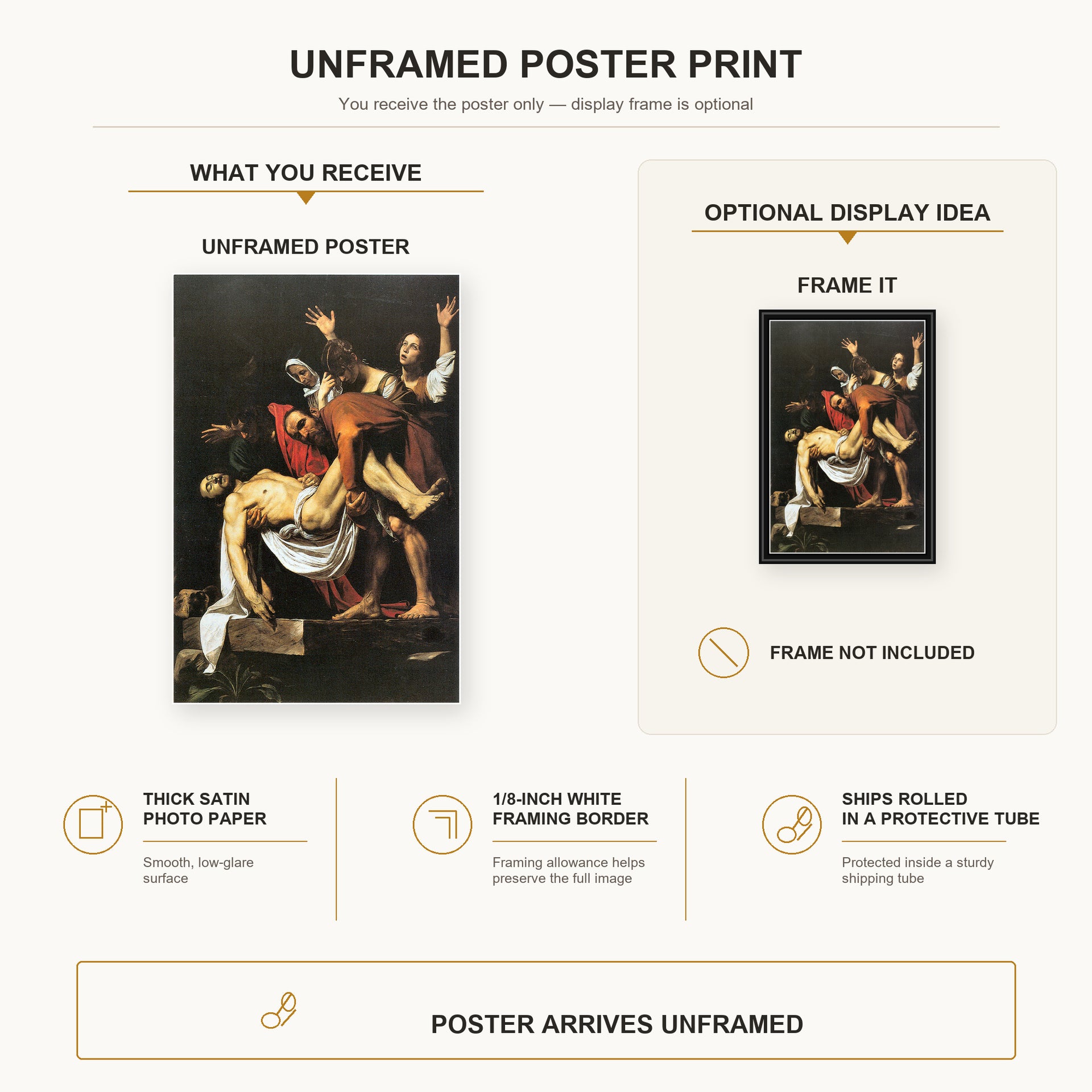 Caravaggio - The Entombment of Christ poster print size comparison and framing display infographic