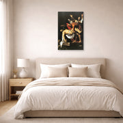 Unframed poster print of Caravaggio's 'The Entombment of Christ' displayed on a wall in a bedroom