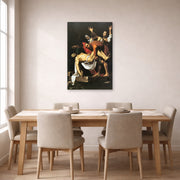 Unframed poster print of Caravaggio's 'The Entombment of Christ' displayed on a wall in a dining room