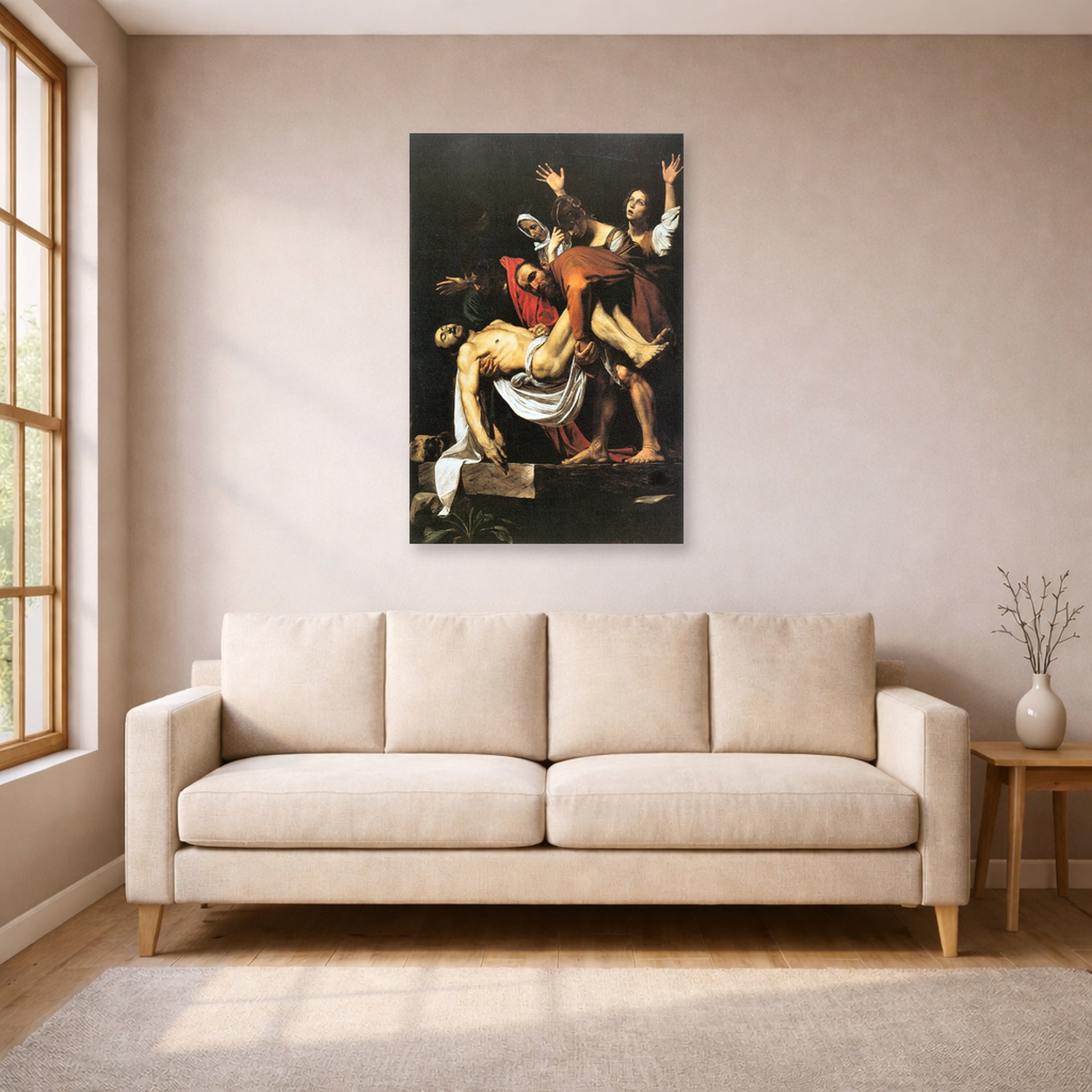 Unframed poster print of Caravaggio's 'The Entombment of Christ' displayed on a wall in a living room