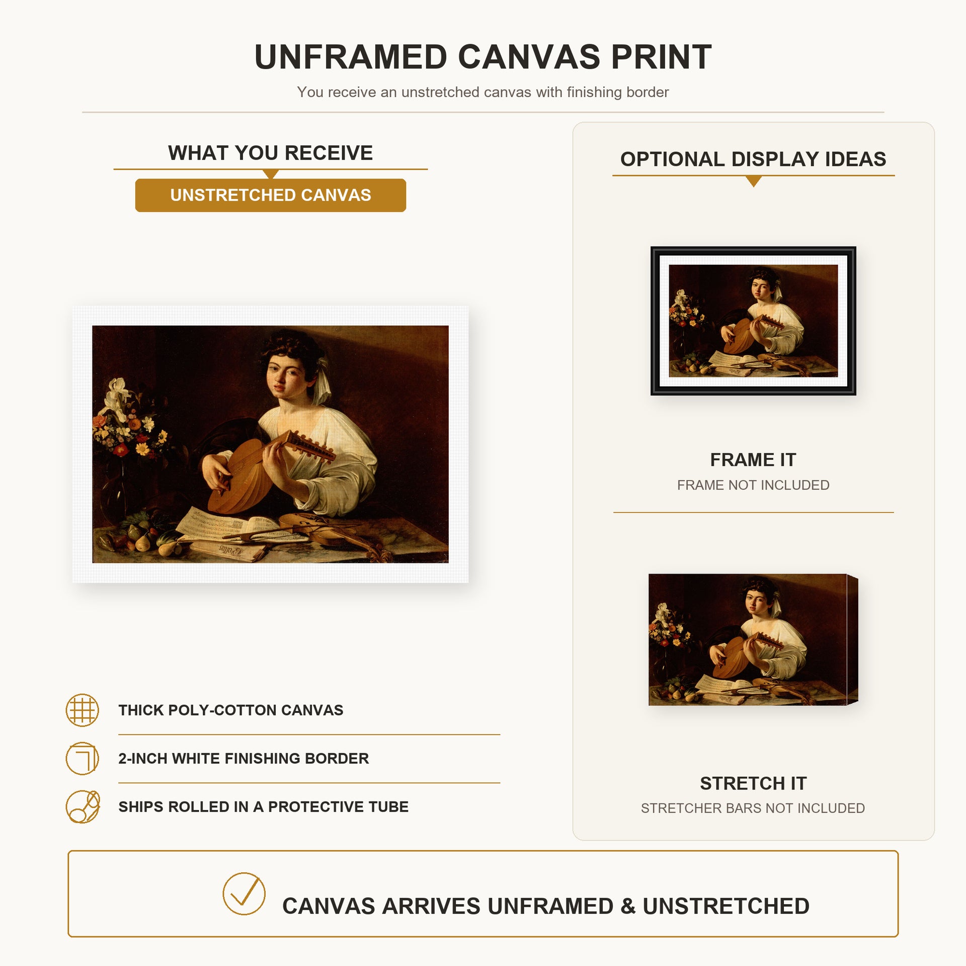 Caravaggio - The Lute Player canvas print size comparison and framing display infographic