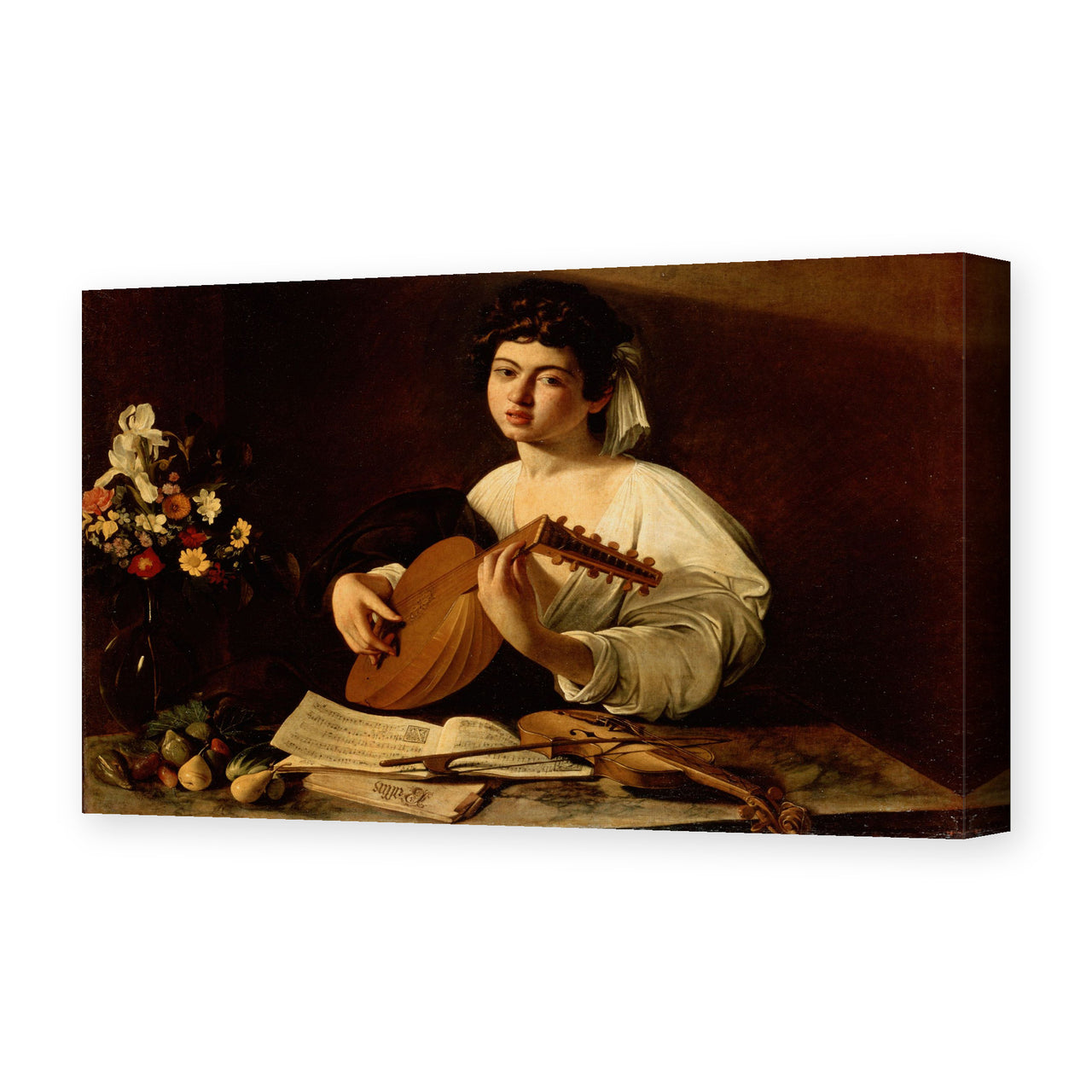 Caravaggio's 'The Lute Player' painting reproduced as a gallery-wrapped canvas print, an early Caravaggio work from the mid-1590s