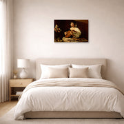 Gallery-wrapped canvas print of Caravaggio's 'The Lute Player' displayed on a wall in a bedroom
