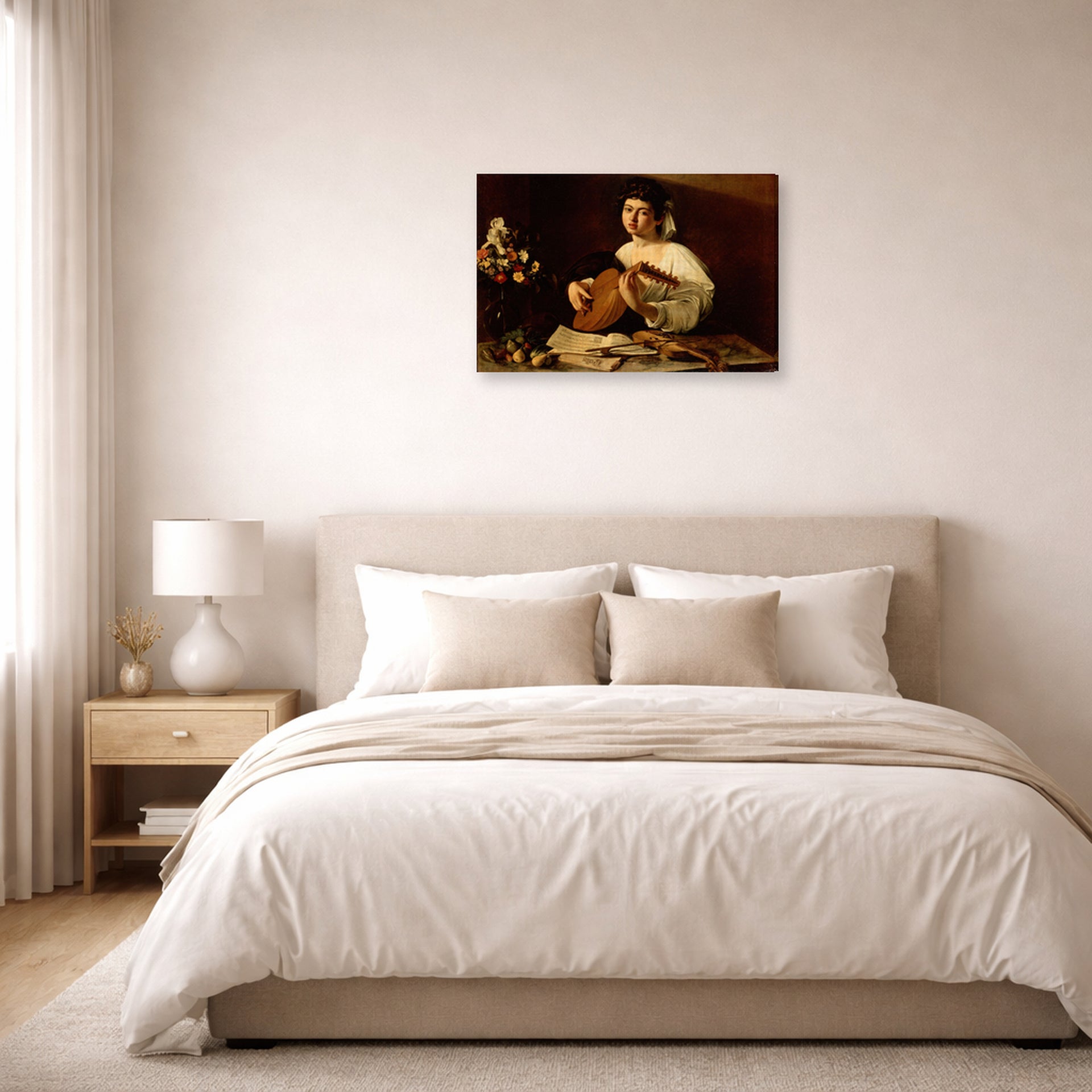 Gallery-wrapped canvas print of Caravaggio's 'The Lute Player' displayed on a wall in a bedroom