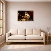 Gallery-wrapped canvas print of Caravaggio's 'The Lute Player' displayed on a wall in a living room