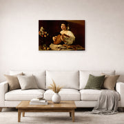Gallery-wrapped canvas print of Caravaggio's 'The Lute Player' displayed on a wall in a living room