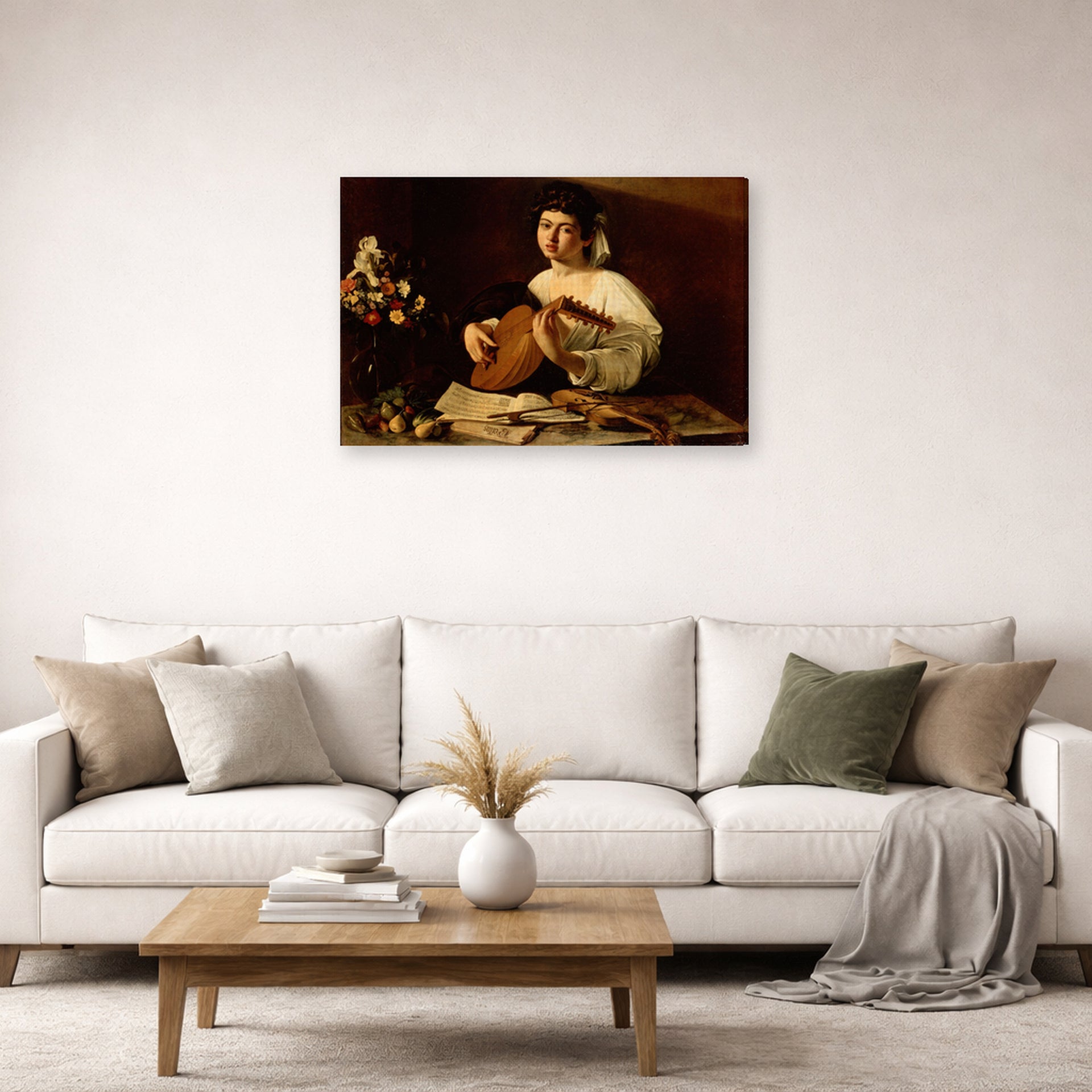 Gallery-wrapped canvas print of Caravaggio's 'The Lute Player' displayed on a wall in a living room