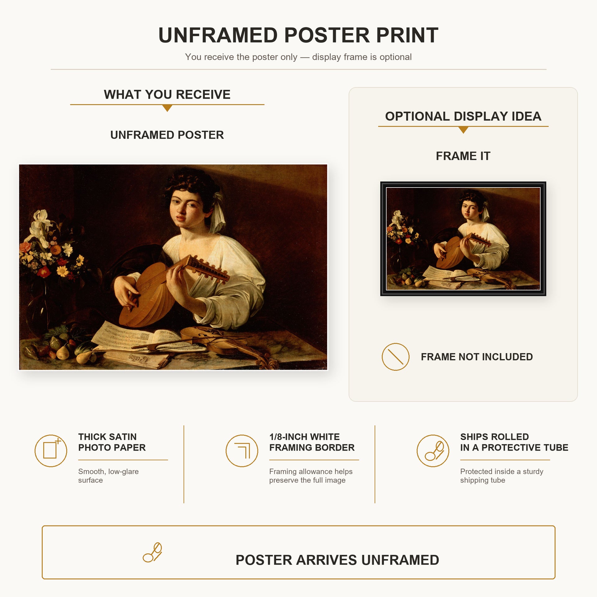 Caravaggio - The Lute Player poster print size comparison and framing display infographic