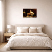 Unframed poster print of Caravaggio's 'The Lute Player' displayed on a wall in a bedroom