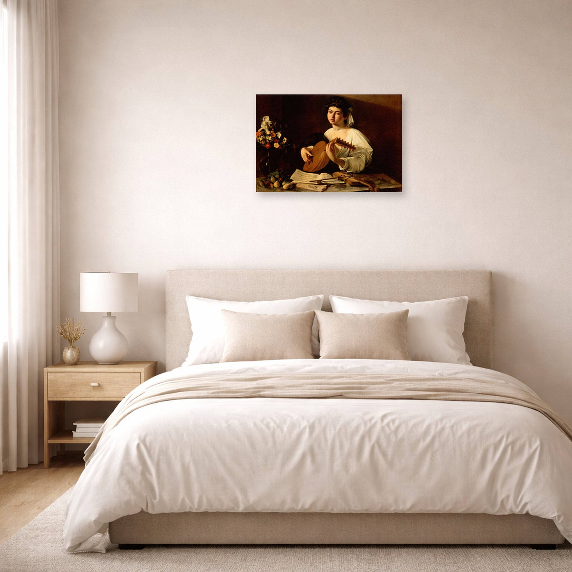 Unframed poster print of Caravaggio's 'The Lute Player' displayed on a wall in a bedroom