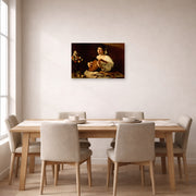 Unframed poster print of Caravaggio's 'The Lute Player' displayed on a wall in a dining room