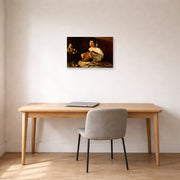 Unframed poster print of Caravaggio's 'The Lute Player' displayed on a wall in an office