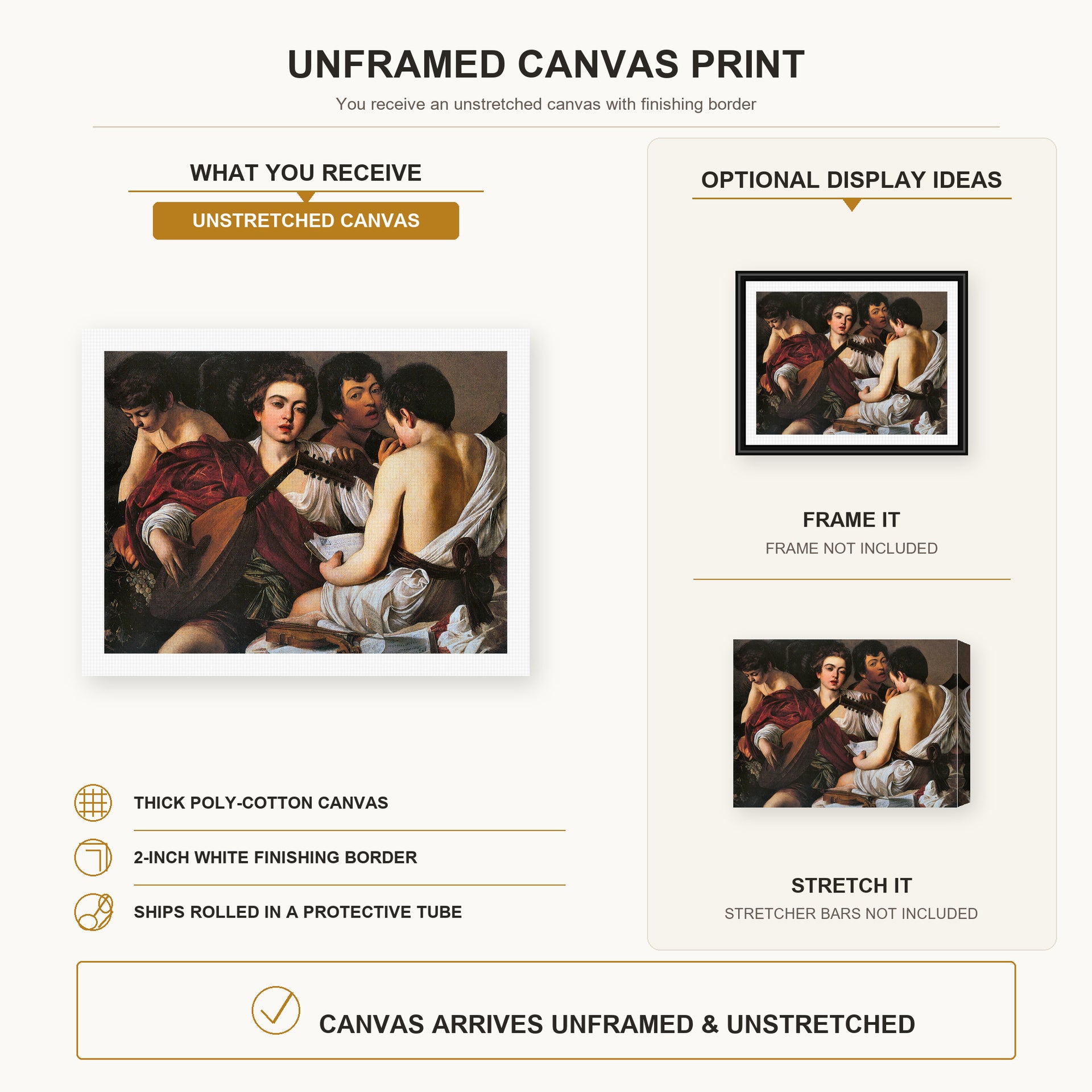 Caravaggio - The Musicians canvas print size comparison and framing display infographic