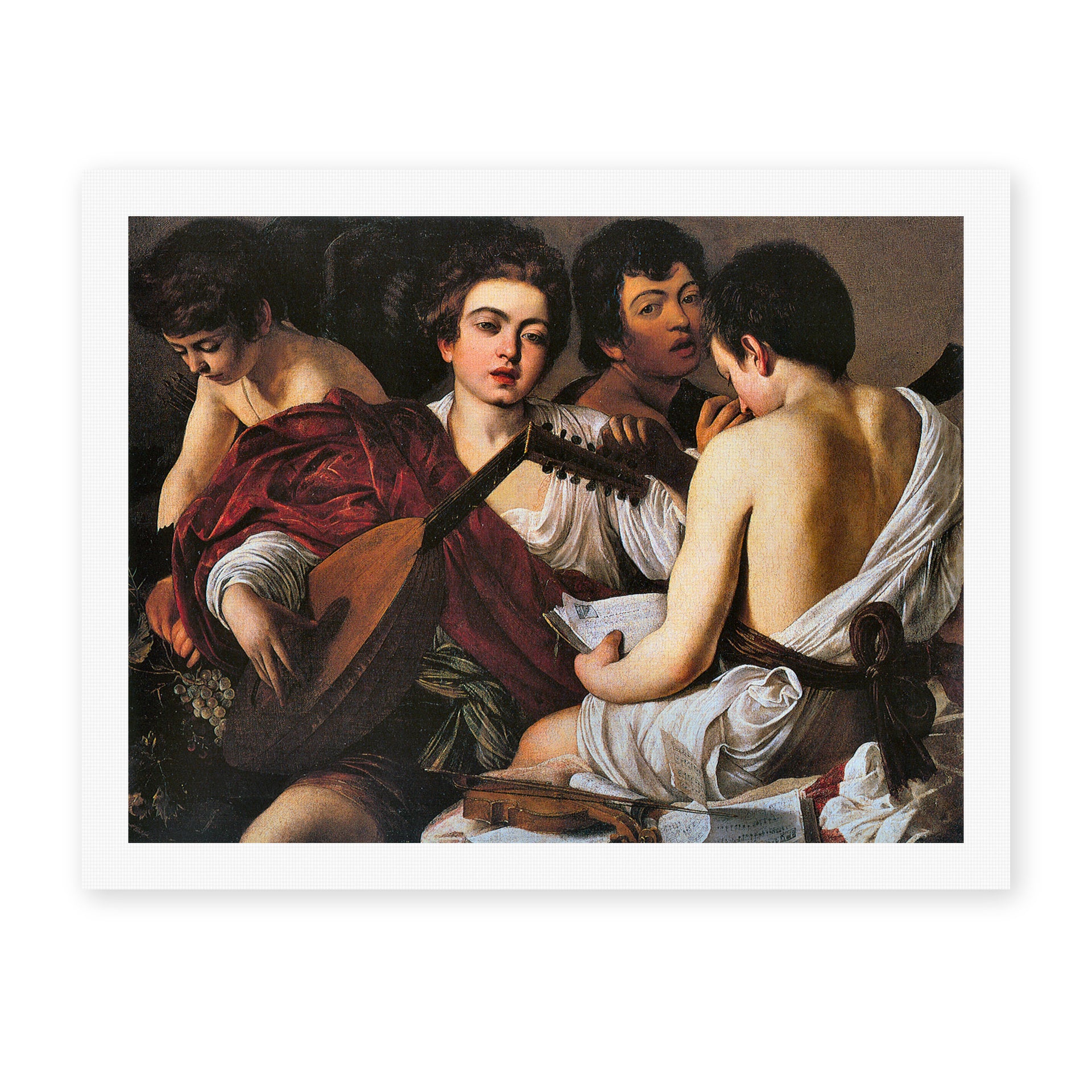 Caravaggio's 'The Musicians' painting reproduced as a rolled canvas print, an early Caravaggio work from around 1595