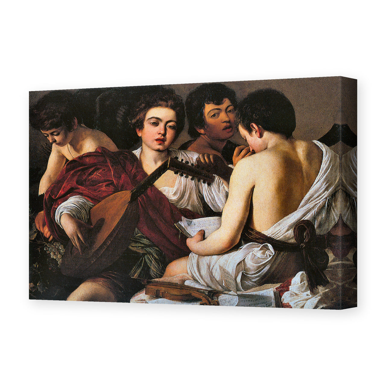 Caravaggio's 'The Musicians' painting reproduced as a gallery-wrapped canvas print, an early Caravaggio work from around 1595