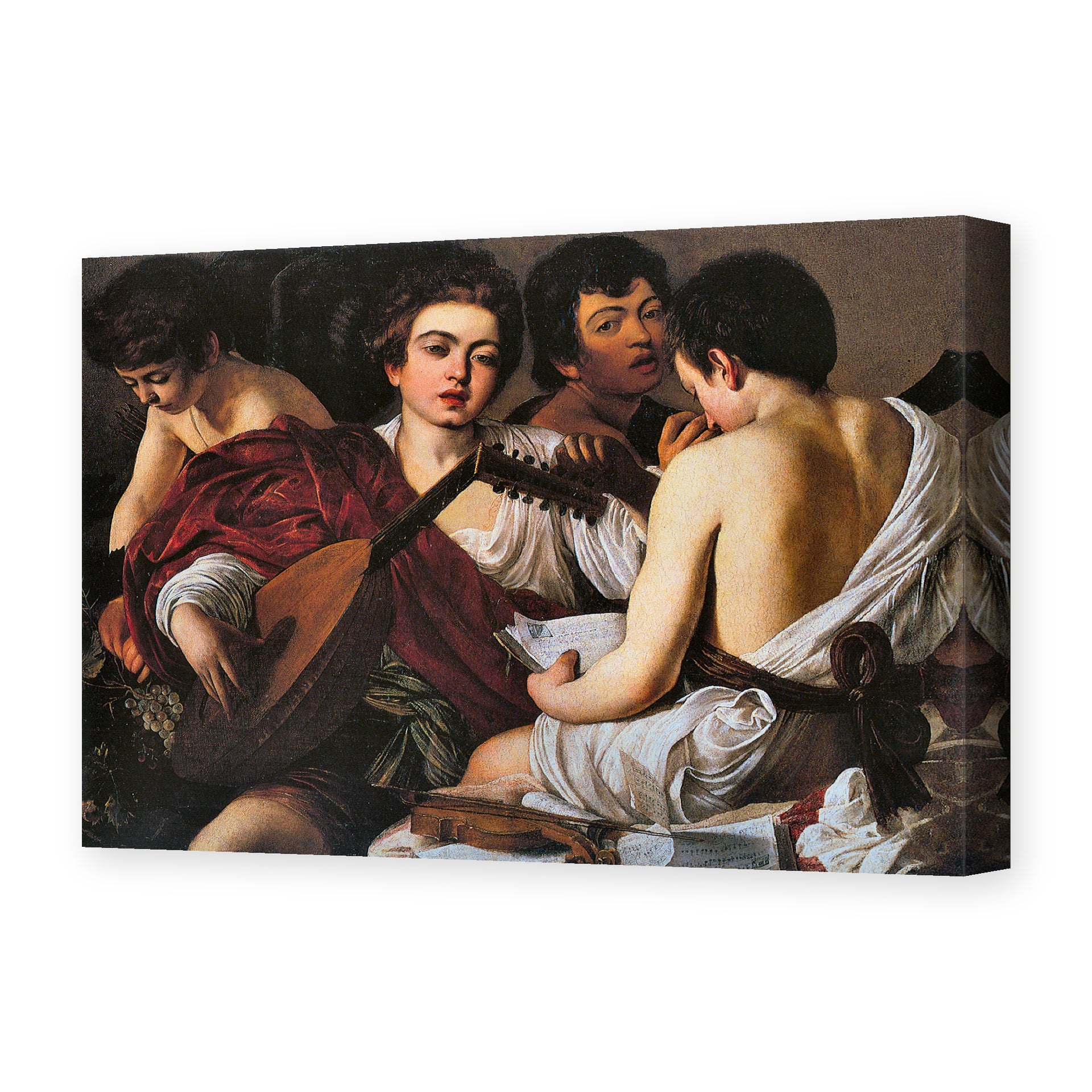 Caravaggio's 'The Musicians' painting reproduced as a gallery-wrapped canvas print, an early Caravaggio work from around 1595