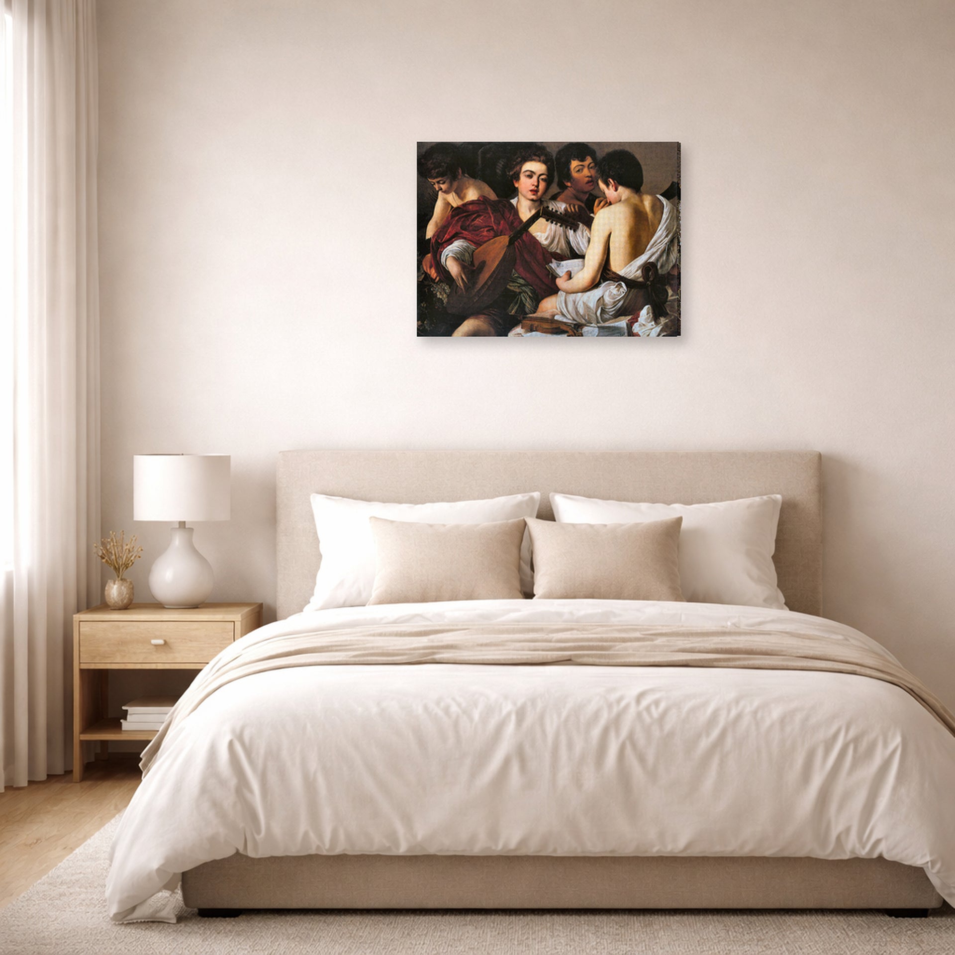 Gallery-wrapped canvas print of Caravaggio's 'The Musicians' displayed on a wall in a bedroom
