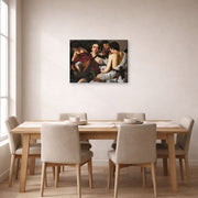 Gallery-wrapped canvas print of Caravaggio's 'The Musicians' displayed on a wall in a dining room