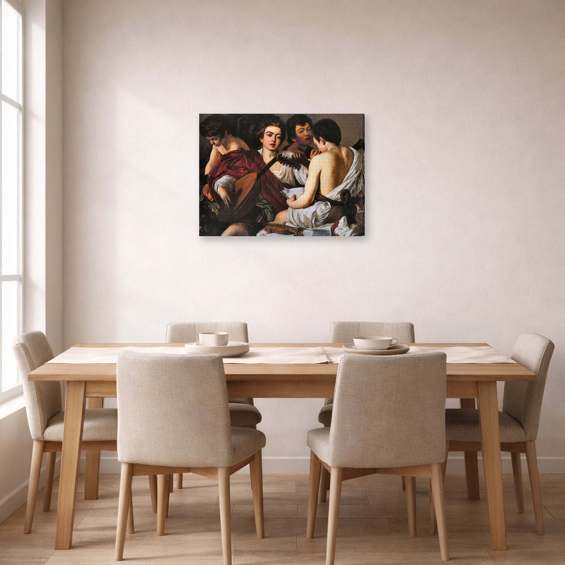 Gallery-wrapped canvas print of Caravaggio's 'The Musicians' displayed on a wall in a dining room