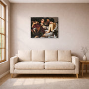 Gallery-wrapped canvas print of Caravaggio's 'The Musicians' displayed on a wall in a living room