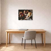 Gallery-wrapped canvas print of Caravaggio's 'The Musicians' displayed on a wall in an office