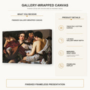 Caravaggio - The Musicians gallery wrap canvas construction and hanging details infographic
