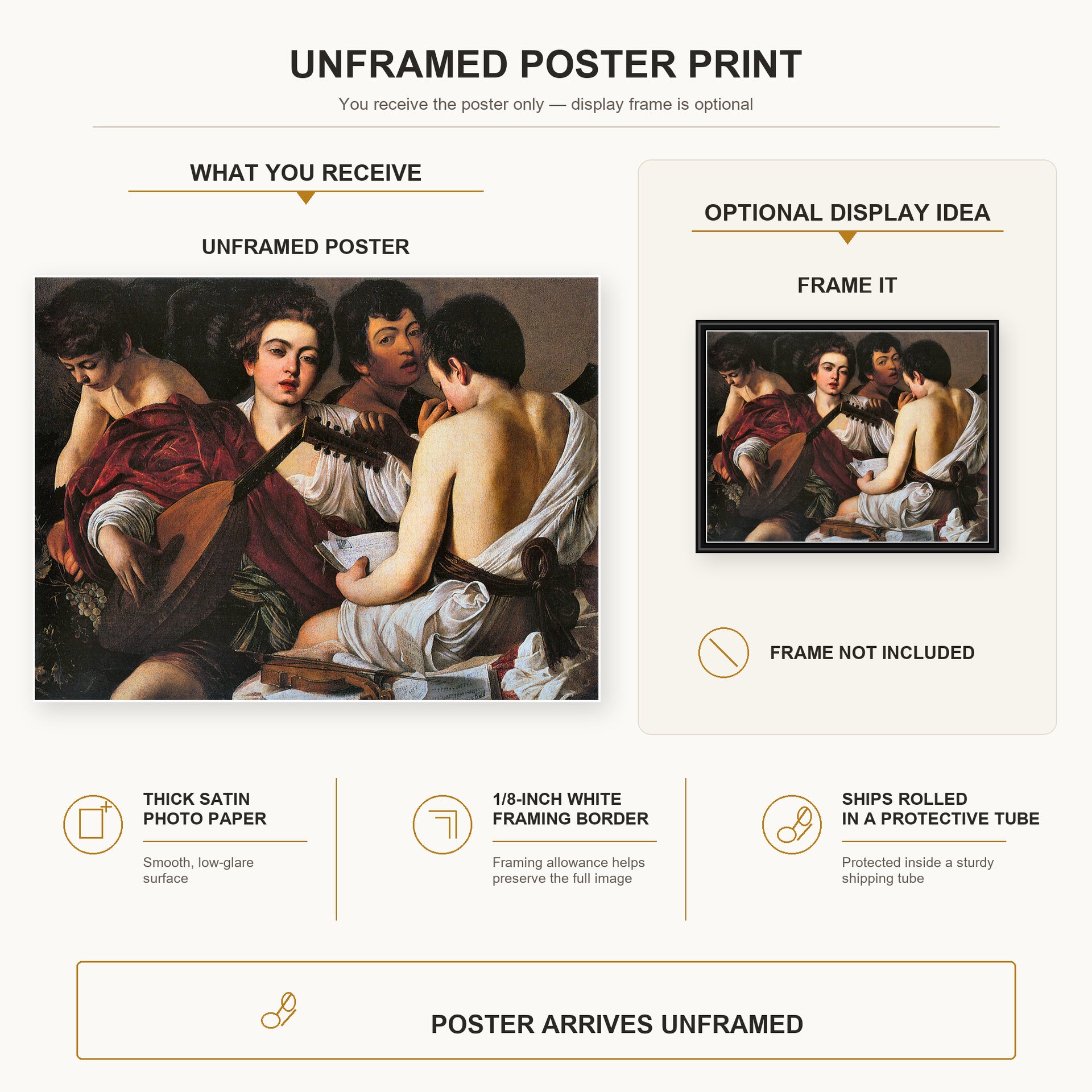 Caravaggio - The Musicians poster print size comparison and framing display infographic