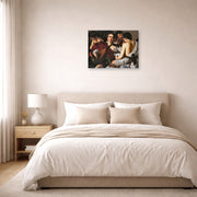 Unframed poster print of Caravaggio's 'The Musicians' displayed on a wall in a bedroom
