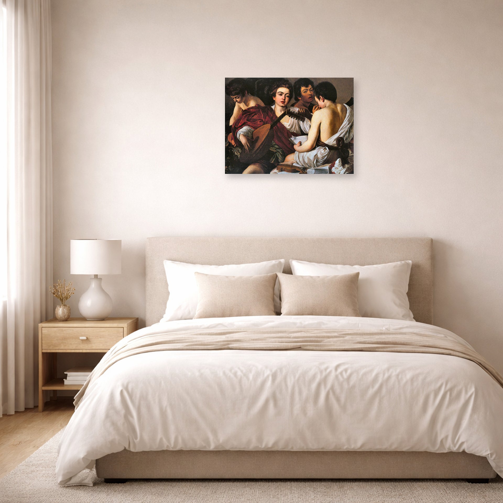 Unframed poster print of Caravaggio's 'The Musicians' displayed on a wall in a bedroom