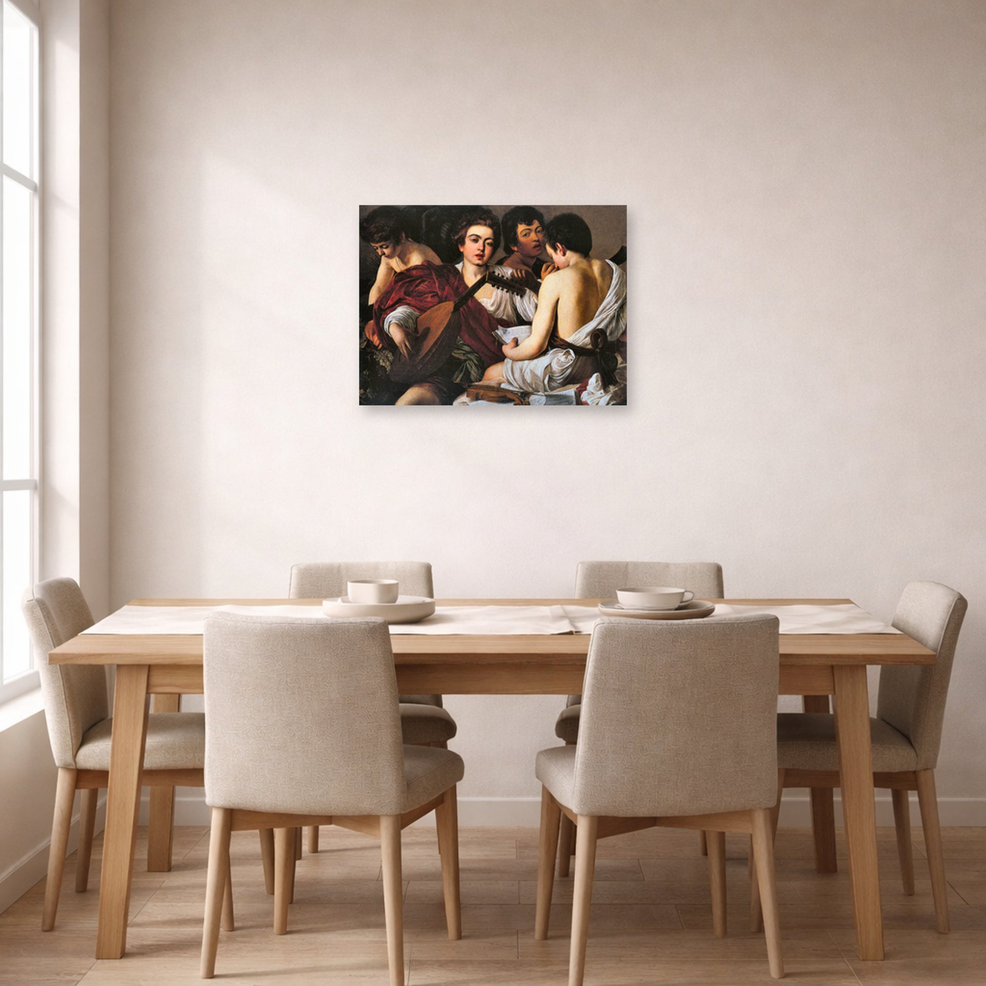 Unframed poster print of Caravaggio's 'The Musicians' displayed on a wall in a dining room