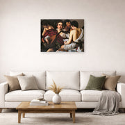 Unframed poster print of Caravaggio's 'The Musicians' displayed on a wall in a living room