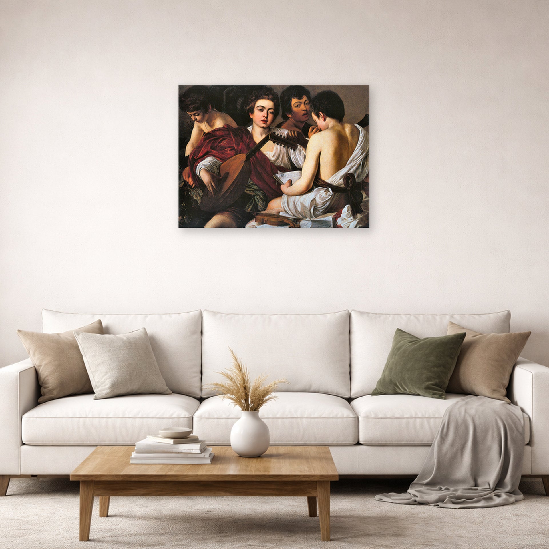 Unframed poster print of Caravaggio's 'The Musicians' displayed on a wall in a living room