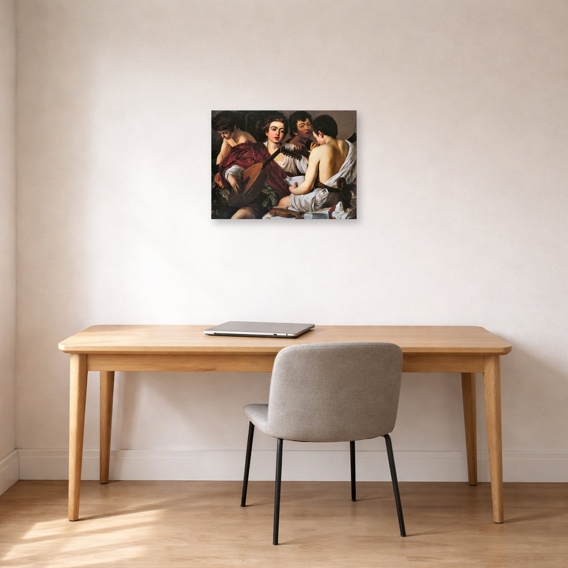 Unframed poster print of Caravaggio's 'The Musicians' displayed on a wall in an office