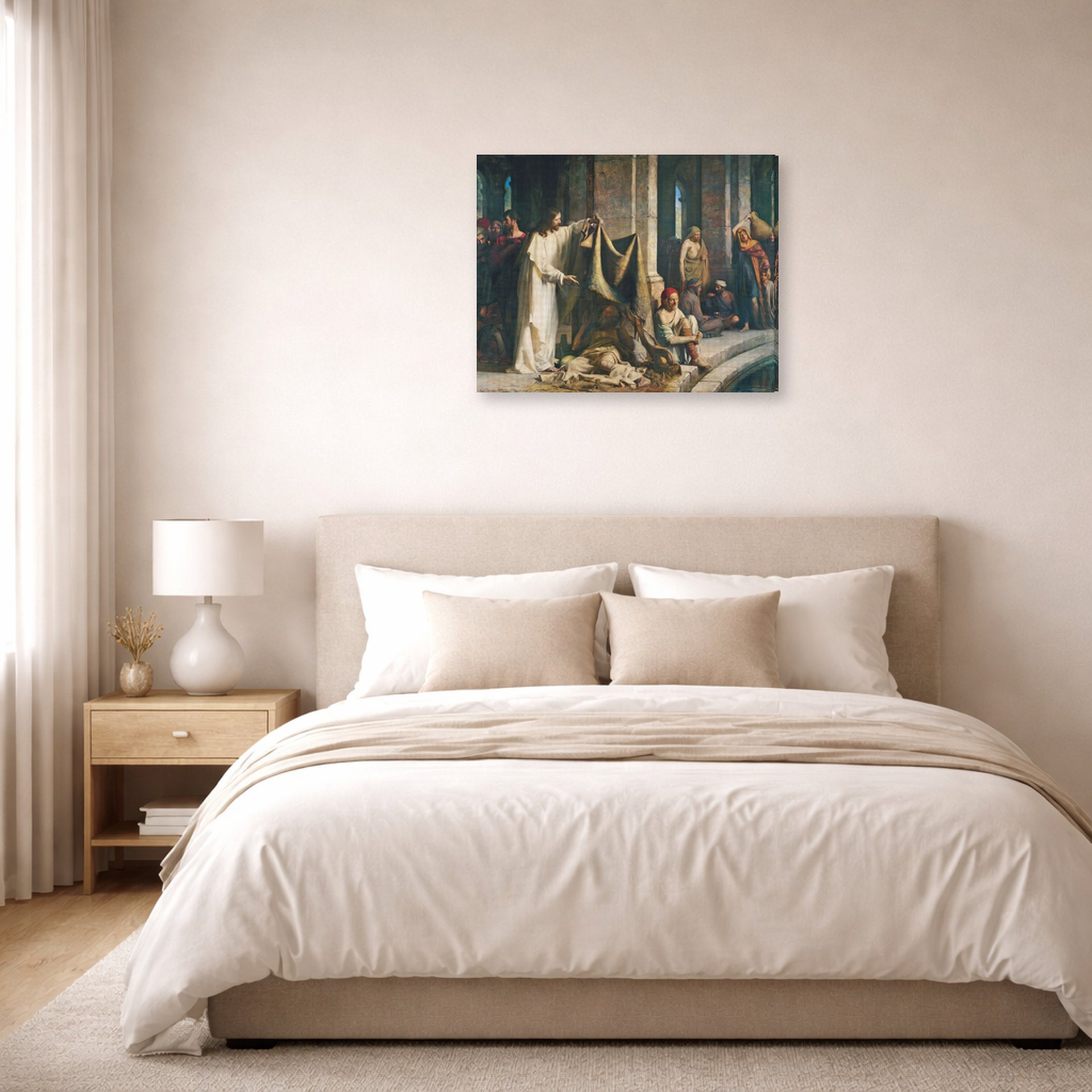 Gallery-wrapped canvas print of Carl Bloch's Christ Healing the Sick at Bethesda displayed on a wall in a bedroom