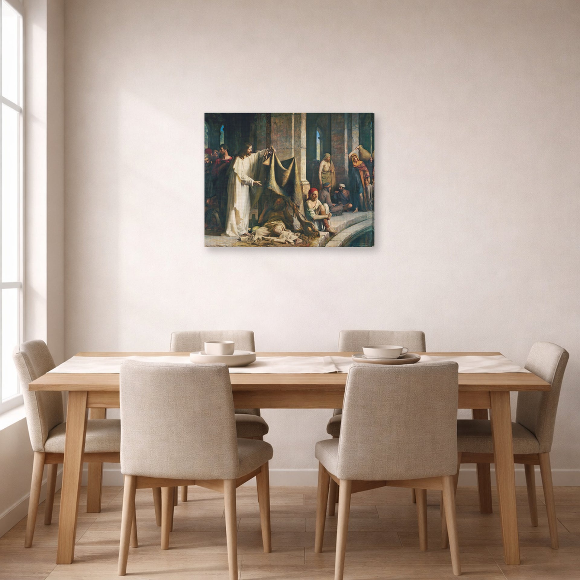 Gallery-wrapped canvas print of Carl Bloch's Christ Healing the Sick at Bethesda displayed on a wall in a dining room