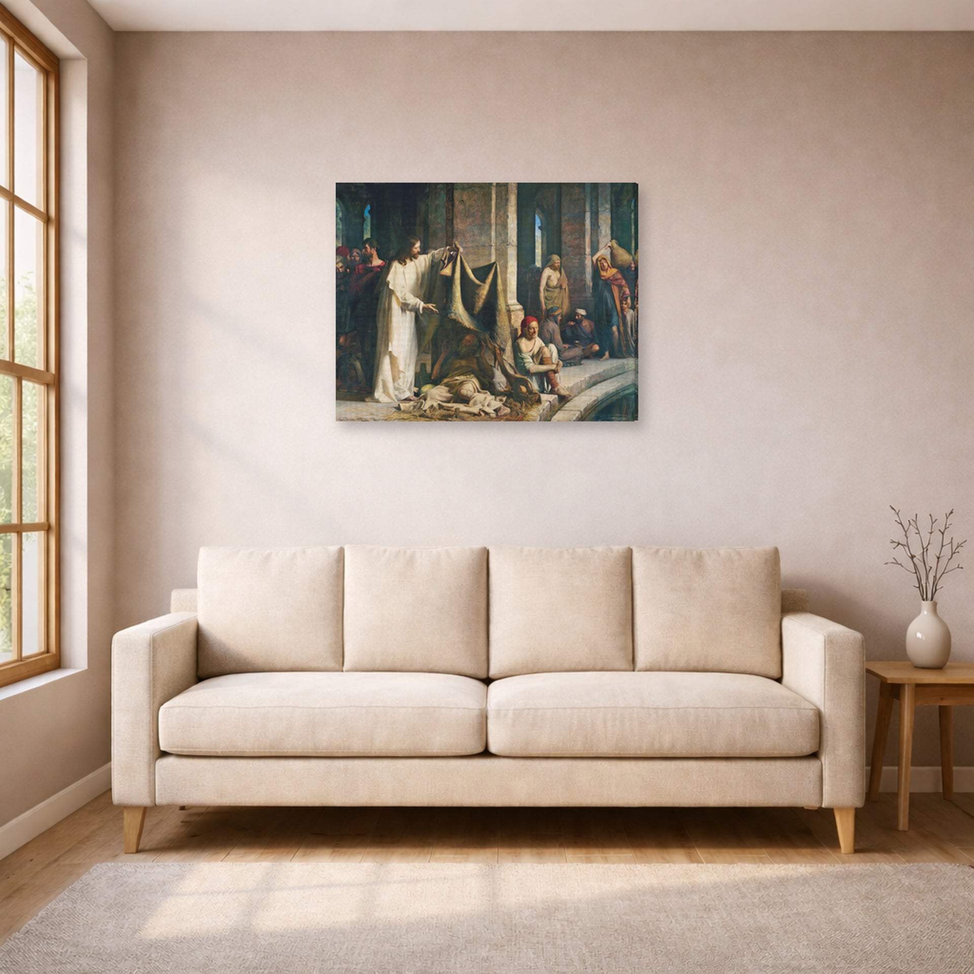 Gallery-wrapped canvas print of Carl Bloch's Christ Healing the Sick at Bethesda displayed on a wall in a living room