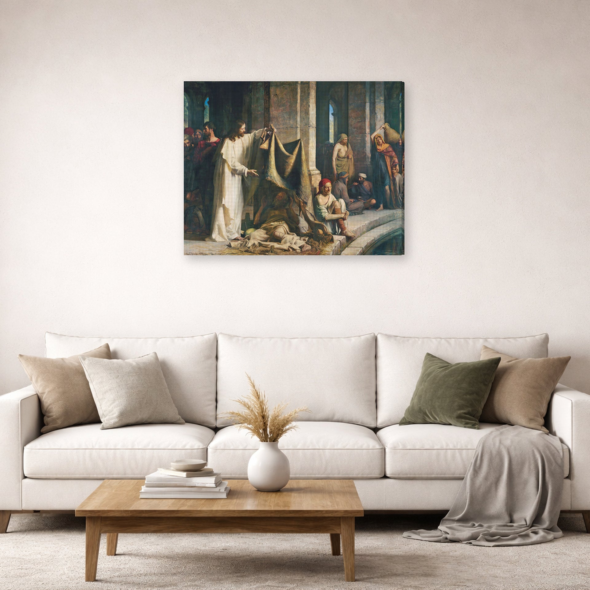 Gallery-wrapped canvas print of Carl Bloch's Christ Healing the Sick at Bethesda displayed on a wall in a living room