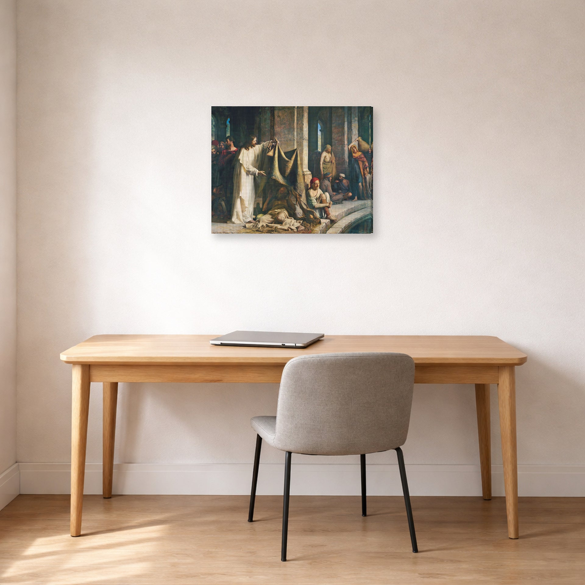Gallery-wrapped canvas print of Carl Bloch's Christ Healing the Sick at Bethesda displayed on a wall in a office