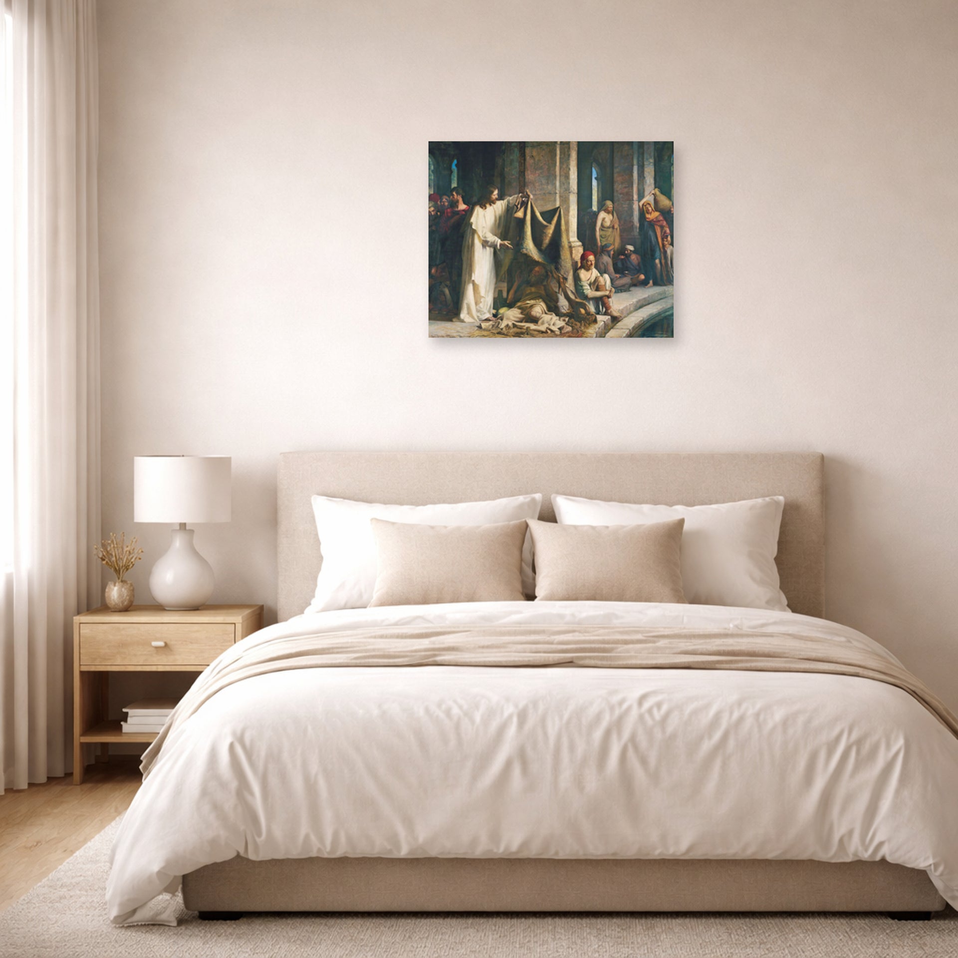 Unframed poster print of Carl Bloch's Christ Healing the Sick at Bethesda displayed on a wall in a bedroom