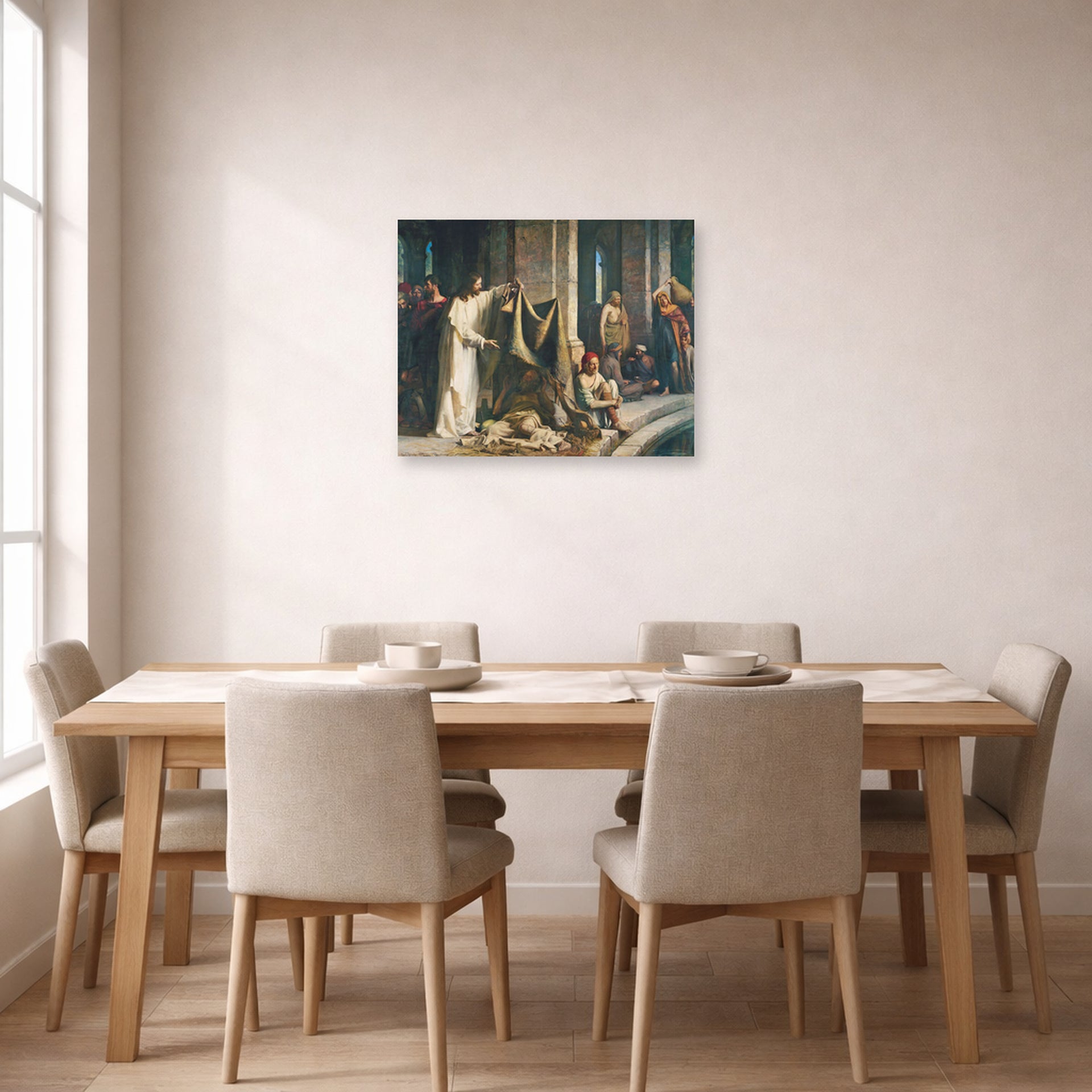Unframed poster print of Carl Bloch's Christ Healing the Sick at Bethesda displayed on a wall in a dining room
