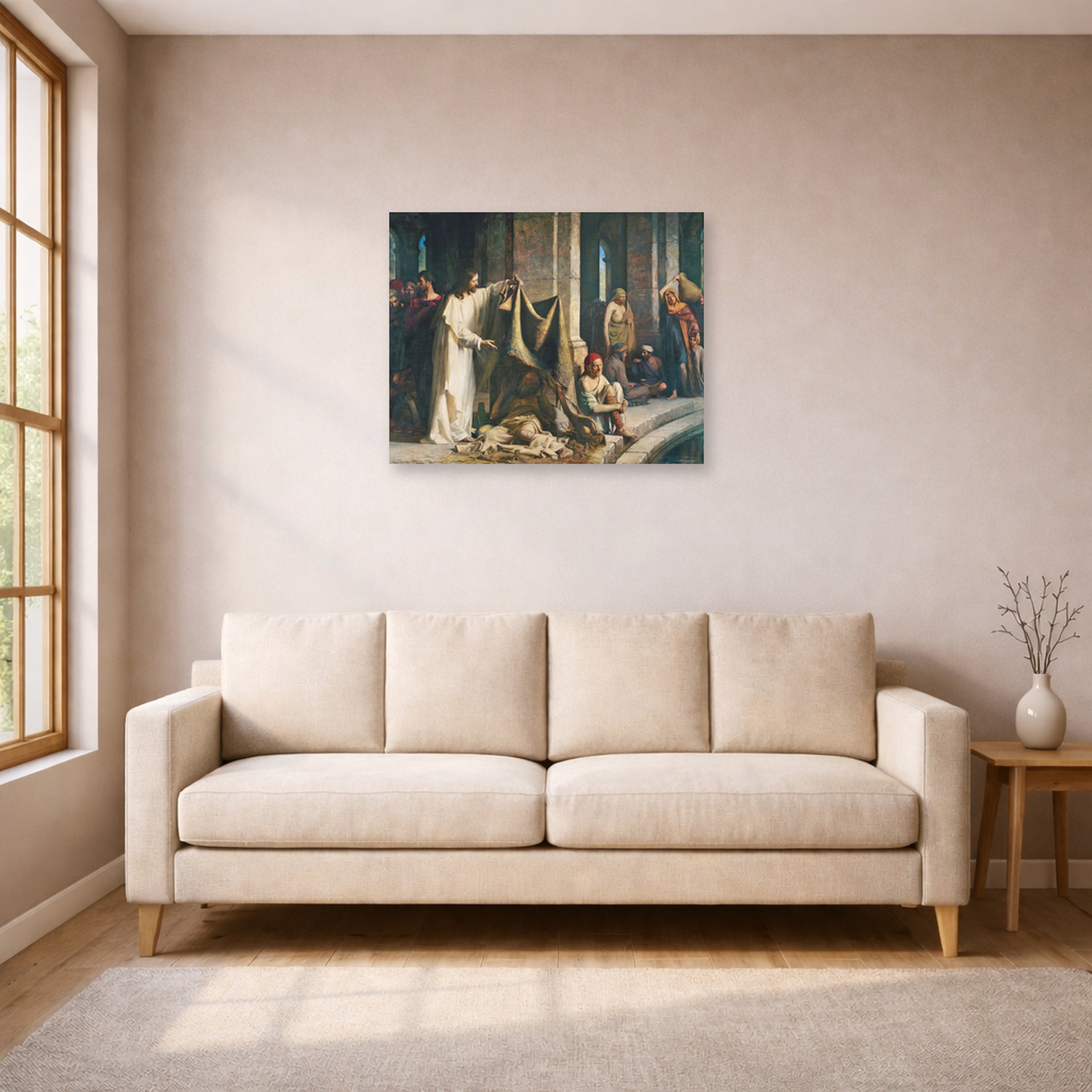 Unframed poster print of Carl Bloch's Christ Healing the Sick at Bethesda displayed on a wall in a living room