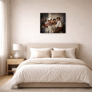 Gallery-wrapped canvas print of Carl Bloch's In a Roman Osteria displayed on a wall in a bedroom
