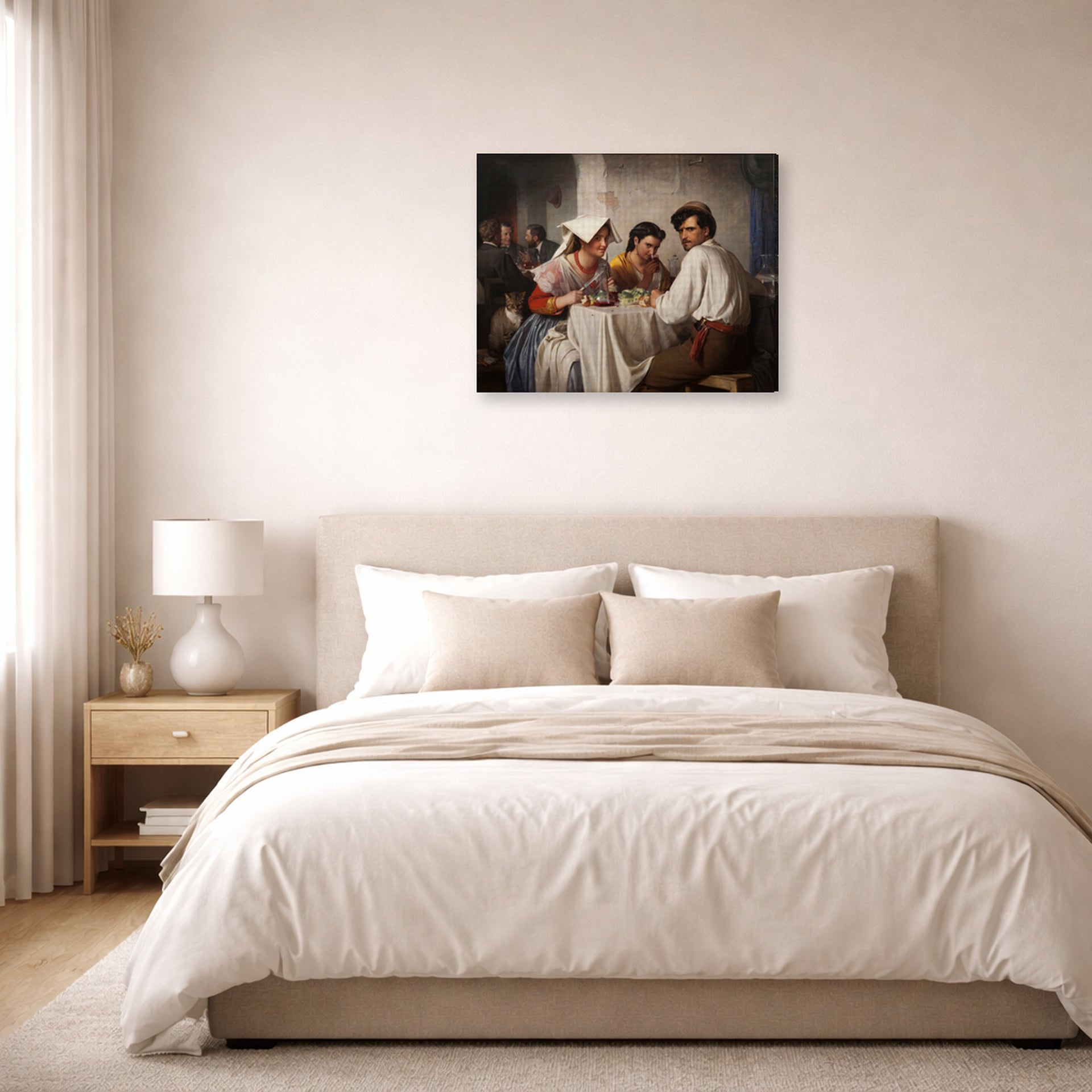 Gallery-wrapped canvas print of Carl Bloch's In a Roman Osteria displayed on a wall in a bedroom
