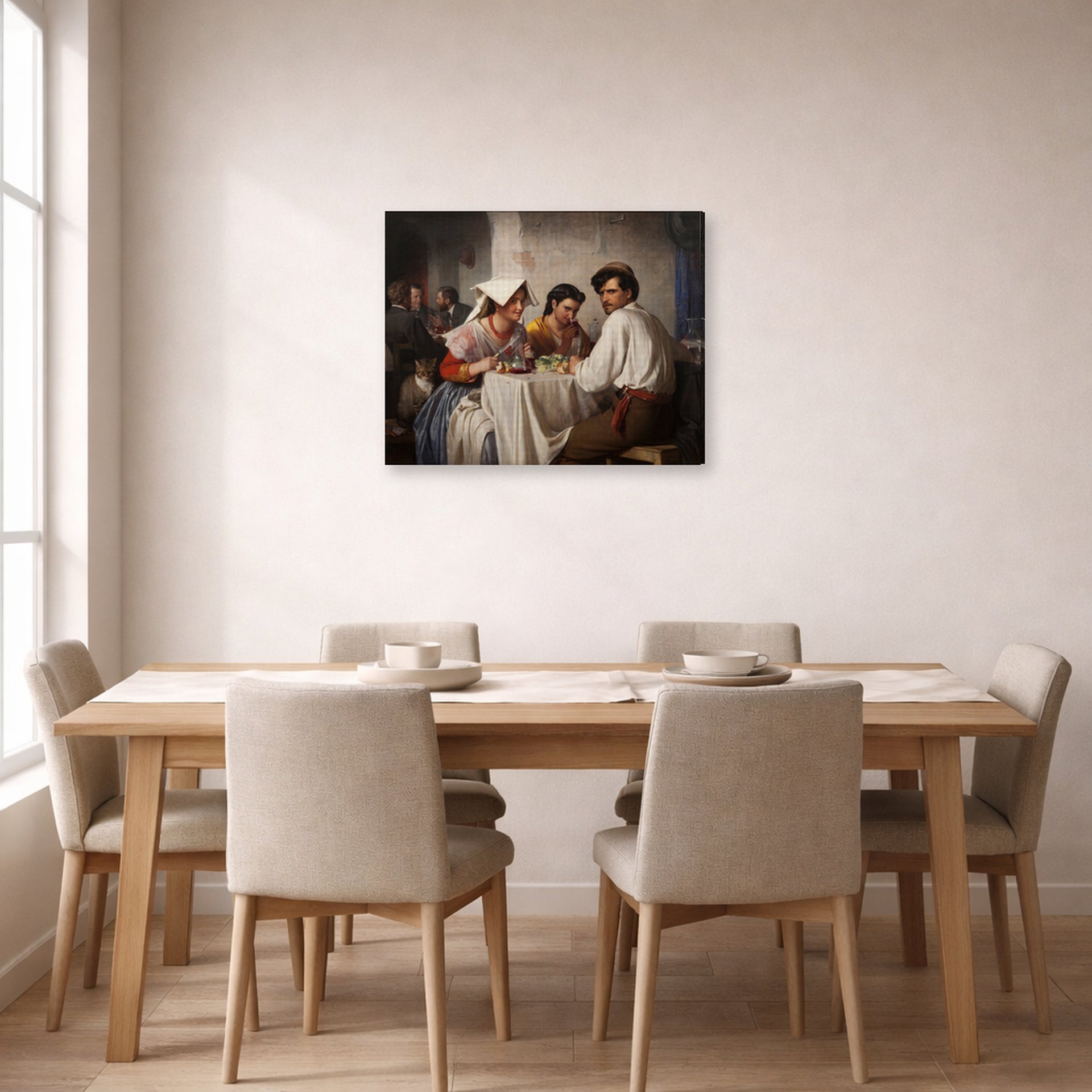 Gallery-wrapped canvas print of Carl Bloch's In a Roman Osteria displayed on a wall in a dining room