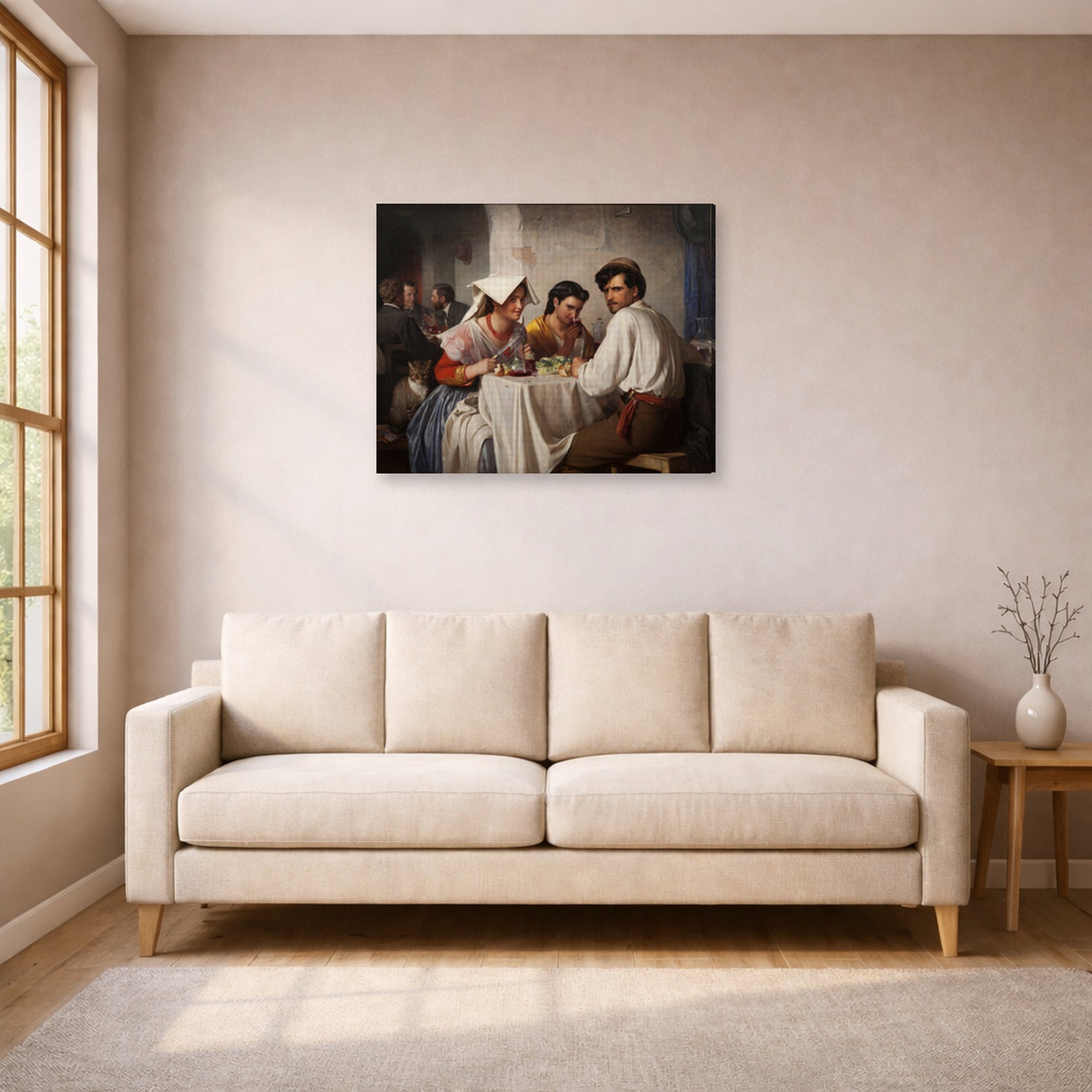 Gallery-wrapped canvas print of Carl Bloch's In a Roman Osteria displayed on a wall in a living room