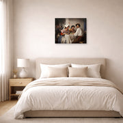 Unframed poster print of Carl Bloch's In a Roman Osteria displayed on a wall in a bedroom