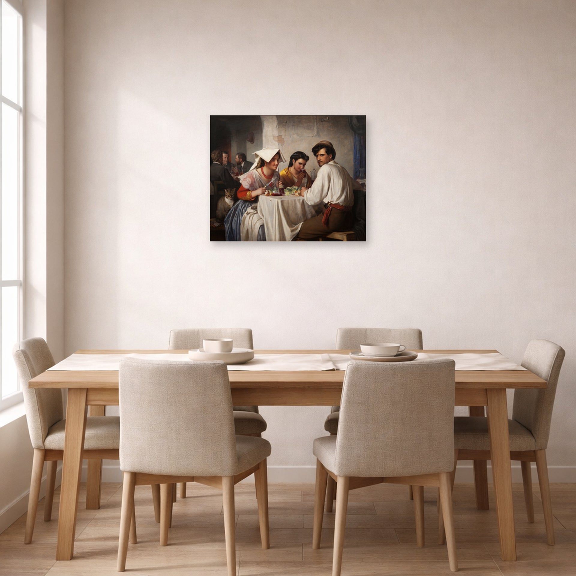 Unframed poster print of Carl Bloch's In a Roman Osteria displayed on a wall in a dining room