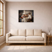 Unframed poster print of Carl Bloch's In a Roman Osteria displayed on a wall in a living room