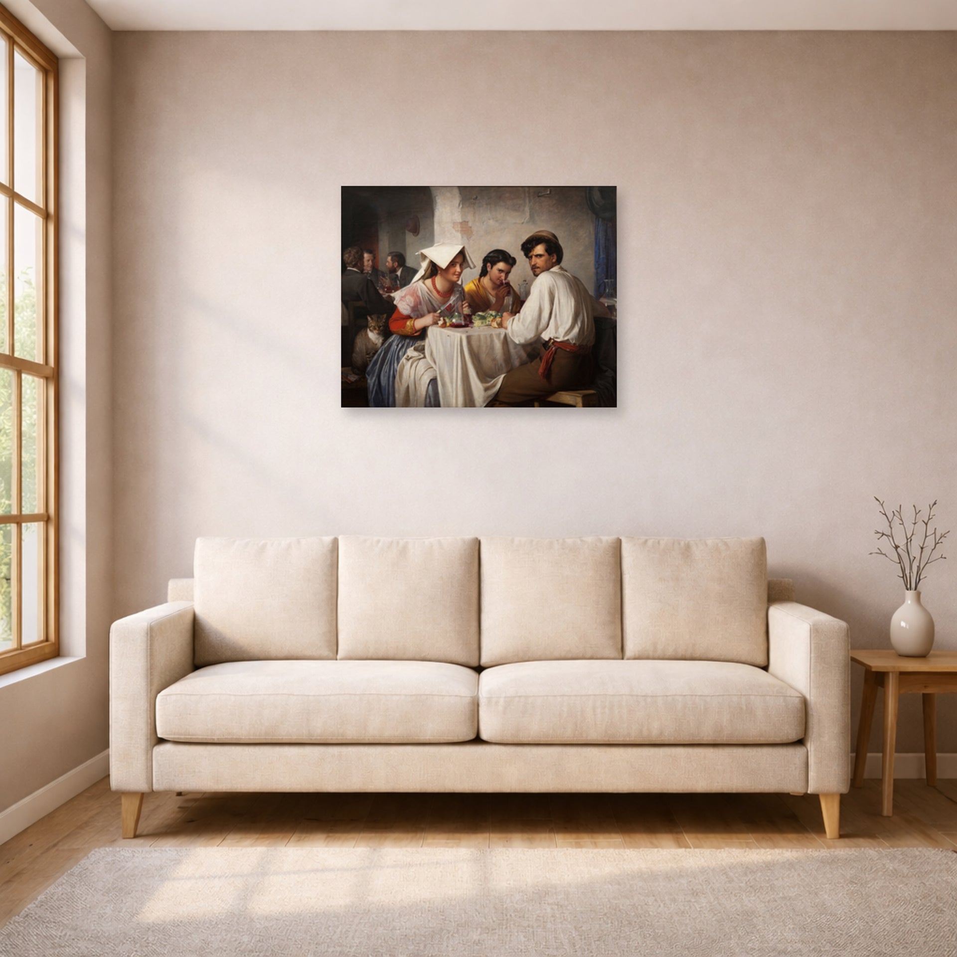 Unframed poster print of Carl Bloch's In a Roman Osteria displayed on a wall in a living room