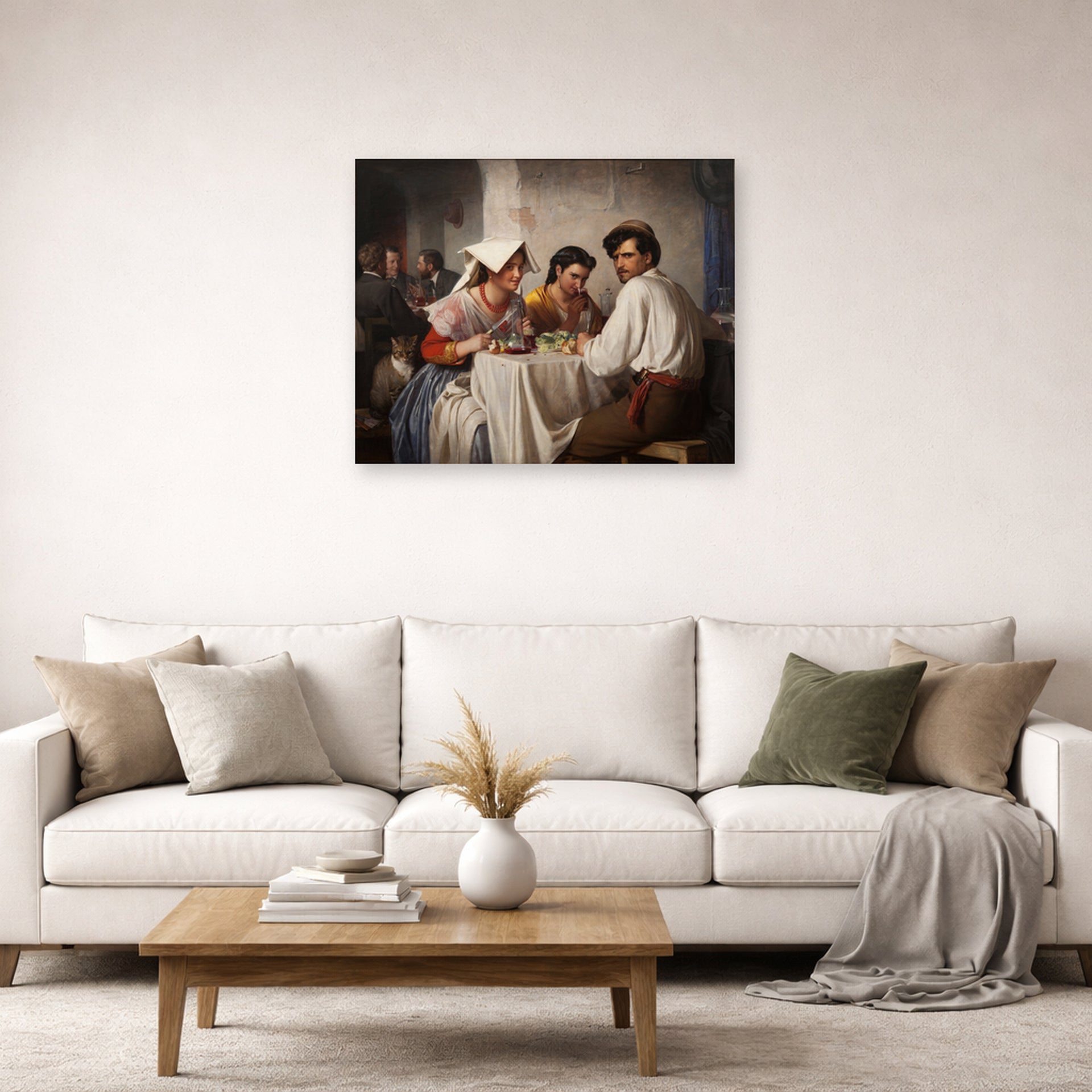 Unframed poster print of Carl Bloch's In a Roman Osteria displayed on a wall in a living room